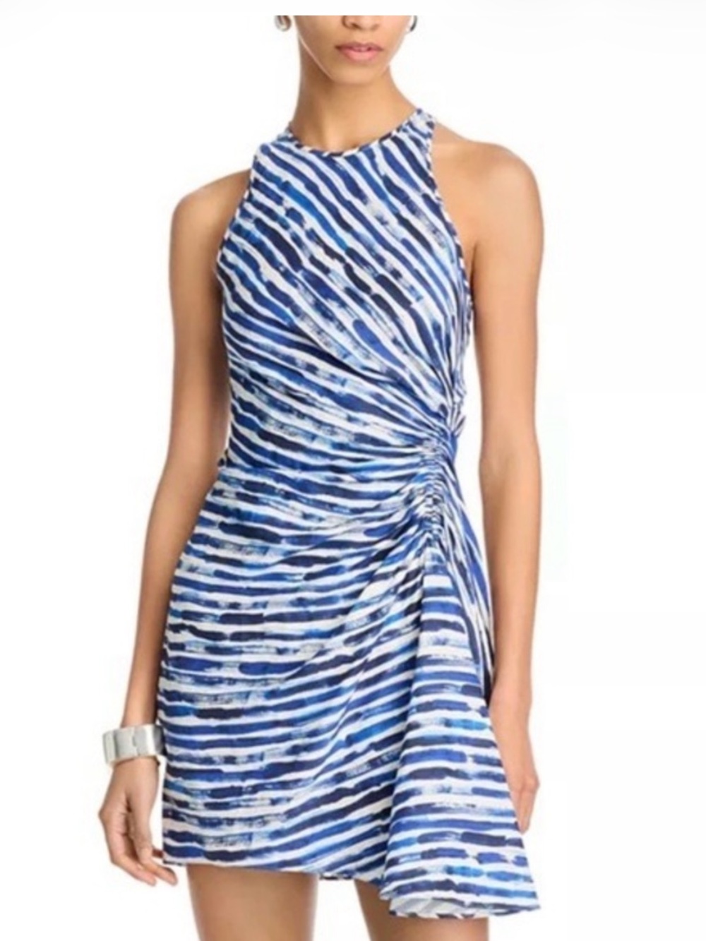 A.L.C. Rue Blue and White Striped Silk and Linen Blend Halter Mini Dress | 12